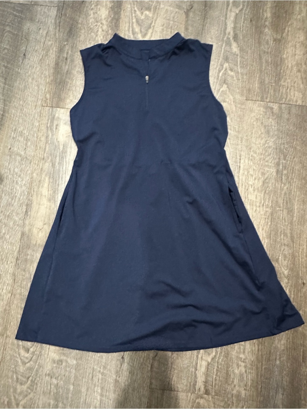 Sleeveless Navy Midi Dress with Mock Neck and Zip